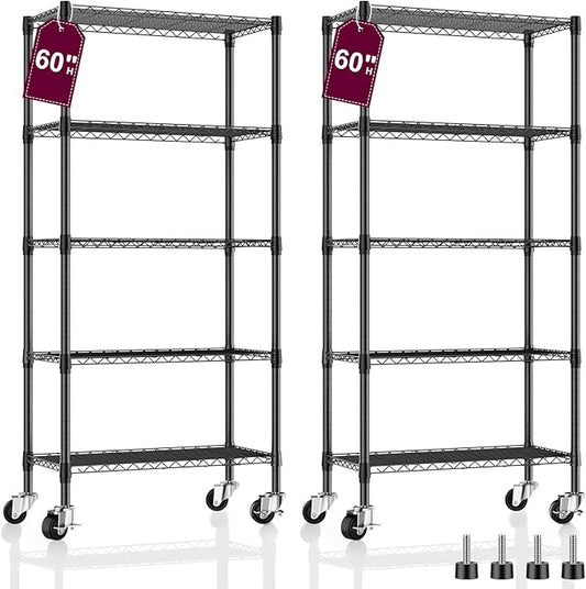 2 Pack 5-Tier Metal Wire Shelving Unit with Wheels & Feet, 14" D x 30" W x 60" H,750 lbs Capacity Adjustable Heavy Duty Steel Wire Rack Storage Shelves for Kitchen, Garage, Pantry