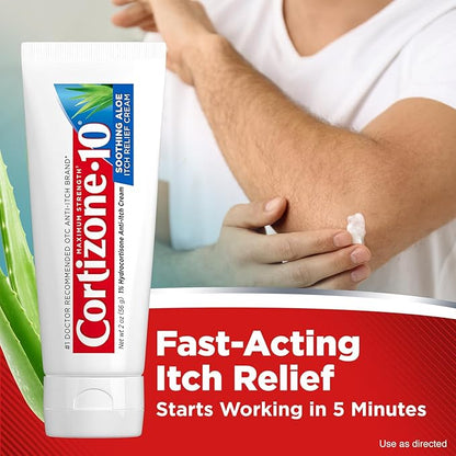 Cortizone-10 Maximum Strength Soothing Aloe Itch Relief Cream, 1% Hydrocortisone, Fast-Acting, Anti-Itch Cream for Bug Bites, Rash, Eczema, Psoriasis, Poison Ivy, Oak, Sumac, 2 oz (Pack of 4)