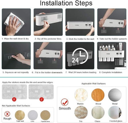 Toothbrush Holders Wall Mounted, Toothbrush Holder with Automatic Toothpaste Dispensers, 6 Brush Slots, 2 Magnetic Cups,1 Cosmetic Drawer Organizer and 1 Large Storage Tray
