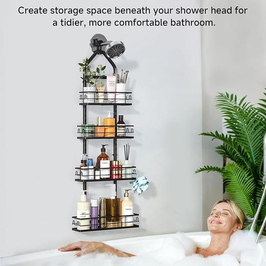 Shower Caddy Hanging Rustproof, 4 Tier Adjustable Hanging Shower Caddy Over Showerhead, No Drilling Handing Shower Racks for Bathroom Shampoo Soap Storage