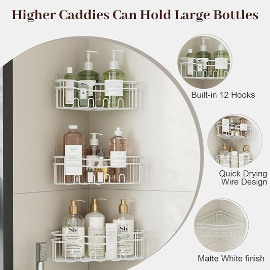 White Shower Caddy Corner, 3-Pack Adhesive Shower Shelves for Inside Shower, Rustproof Bathroom Organizer Corner with Built-in Hooks, No Drilling Bathroom Storage for Bath Accessories