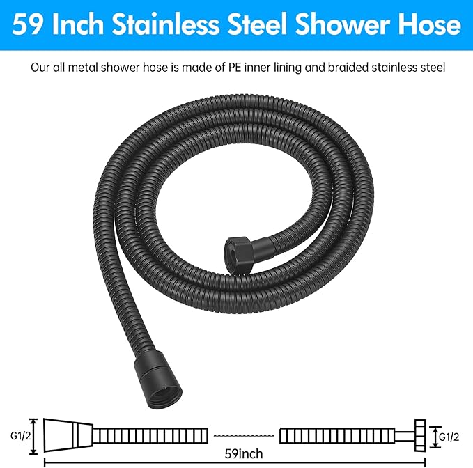 RUMOSE 59 inches Shower Hose Water Plating Shower Head Extension Hose Replacement Extra Long Stainless Steel Shower Tube Attachment Flexible Handheld Shower Sprayer Hose, Matte Black