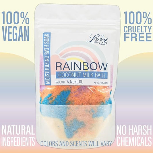 Luxiny Vegan Milk Bath Soak Made with Coconut Milk Powder & Sweet Almond Oil Which Creates A Bath Bomb Dust Soothing Fizz, 8oz (Rainbow)