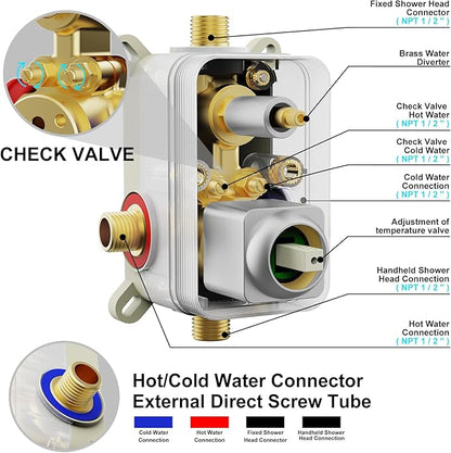 Shower System Modern Rain Brass Faucet Set With Valve and Diverter Shower Mixer With Handheld High Pressure Square Rainfall Shower Valve (12'' Wall Mount, Brushed Nickel)