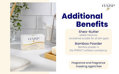 HARP pH-Balanced (5.0-6.0) Exfoliating Body Wash Bar - FRAGRANCE FREE. Bamboo Powder Exfoliation -the perfect consistency. Soap/Lye/Preservative/Dye/Masking agent-Free. Non-comedogenic.
