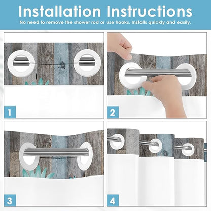 No Hook Rustic Farmhouse Shower Curtain with Snap in Fabric Liner Set, Teal Daisy Flowers and Butterfly on Wooden Double Layers Waterproof with See Through Top Bath Curtain 54x80 Inch