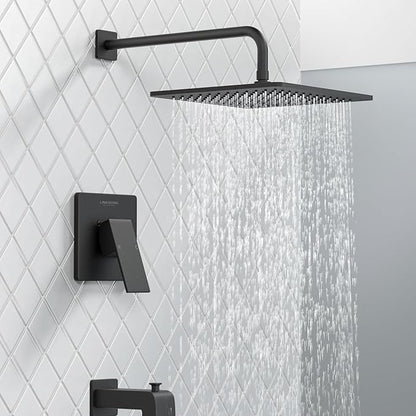Lava Odoro 12-inch Square Bathtub and Shower Faucet Set Matte Black, Shower Trim Kit with Rough-in Valve High Pressure Black Rainfall Shower Head and Handle Set, (Valve Included), SF106-MB-T