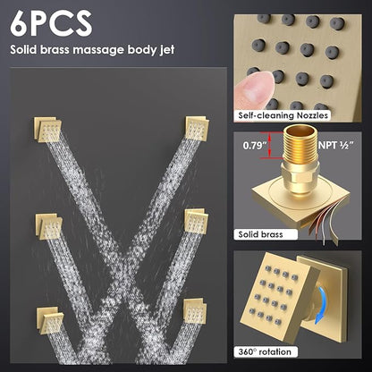 Enga Brushed Gold Rain Shower System with Body Jets, 12 inch Rain Shower Body Spray Jets System Ceiling Mounted Shower Faucet Set with 3-Function Brass Shower Valve