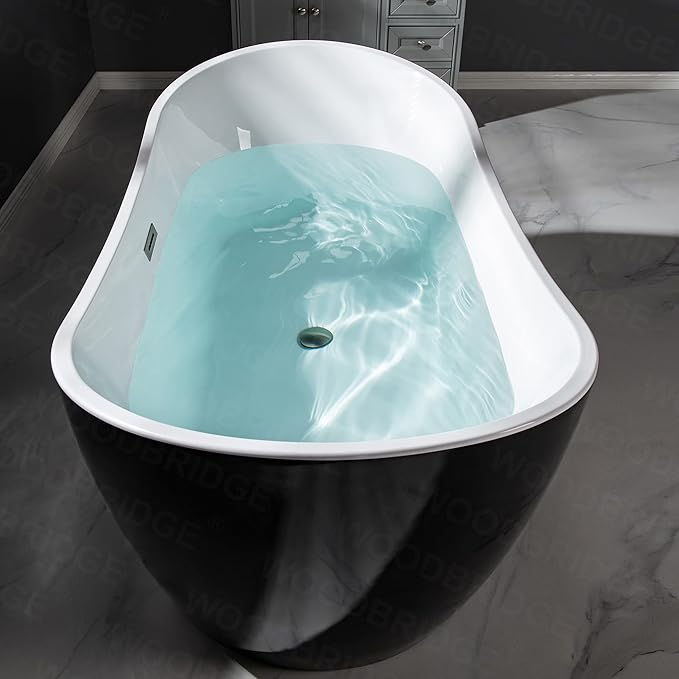 WOODBRIDGE 59" Acrylic Freestanding Bathtub Contemporary Soaking Tub, Black Acrylic(Brushed Nickel Drain/Overflow),BTA1816-BN
