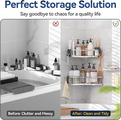 YASONIC Corner Shower Caddy Organizer, 3-Pack Self-Adhesive Rustproof Bath Shelves with Soap Holder & 4 Hooks, Large Capacity Shower Storage Rack for Bathroom Organization, Silver