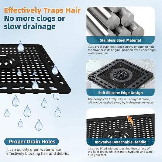 Hibbent Upgraded Shower Drain Hair Catcher, Shower Drain Cover for Bathroom Floor 6" Drain, Anti-Clogging Bathtub Drain Strainer, Stainless Steel Kitchen Sink Drain Strainer with Handle, Matte Black
