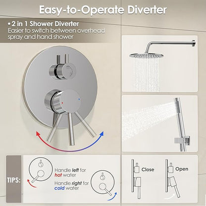 Gabrylly Shower System, Wall Mounted Shower Faucets Set with Shower Valve, High Pressure 10" Rain Shower head with Handheld Spray Combo, 2 Way Rainfall Shower Head Set, Chrome