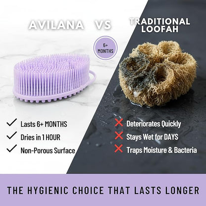 Silver Infused Silicone Body Scrubber Shower - Gentle Back Scrubber Soft Bristles - Avilana Premium Dual Sided Bath Brush Massage - Advanced Material Loofah Alternative - Gift Women Men