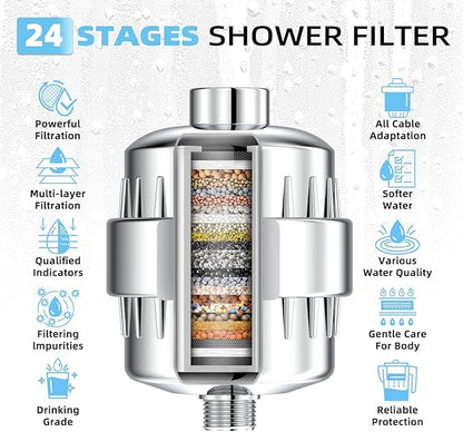 Shower Head Filter for Hard Water - 24 Stage Shower Filter Shower Water Filter with 4 Replaceable Filter Cartridges Protects Your Skin and Hair from Chlorine and Heavy Metals in Water, Chrome