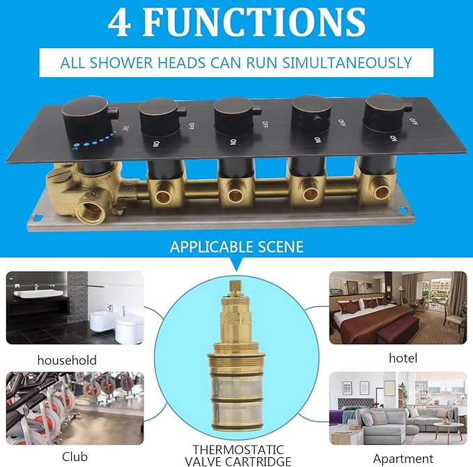 HOMEDEC Oil Rubbed Bronze Brass 4 Way Shower Valve and Trim Kit, Thermostatic Shower Mixer Diverter Valve Faucet Replacement, Water Inlet 3/4"(Vertical installation, 5 Handles)