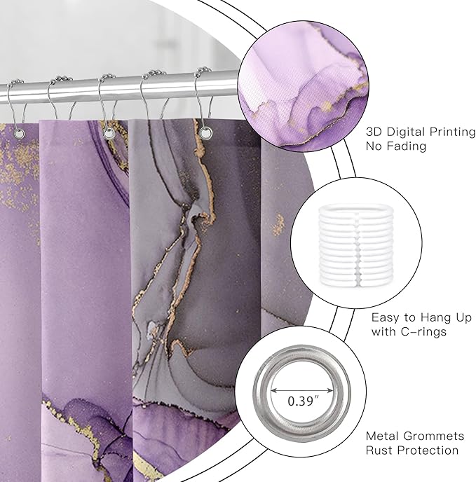 Long Shower Curtain 72 x 78 Inch, Tall Abstract Marble Shower Curtains for Bathroom Decor, Modern Luxury Art Decor Ink Texture Fabric Shower Curtain Set with Hooks, Purple