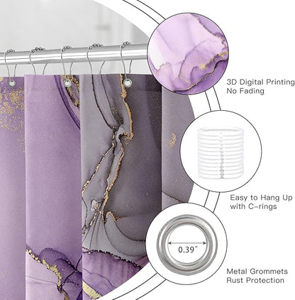 Long Shower Curtain 72 x 78 Inch, Tall Abstract Marble Shower Curtains for Bathroom Decor, Modern Luxury Art Decor Ink Texture Fabric Shower Curtain Set with Hooks, Purple