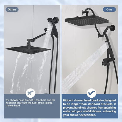 Hibbent Upgraded cUPC Certified 13'' Shower Head Combo, High Pressure 5-spray Rainfall Showerhead, Stainless Steel 4 Spray Handheld, All Metal 4-way Diverter Arm, 71'' Hose and Holder, Black
