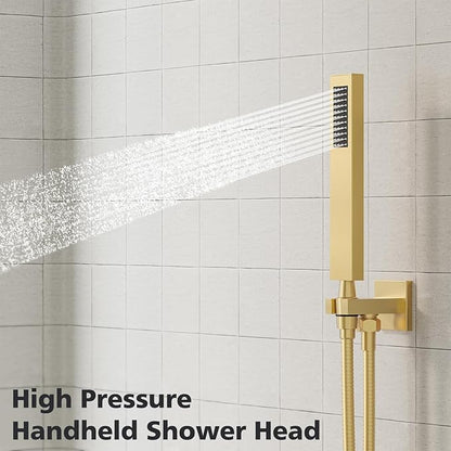 Gabrylly Gold Shower System, High-Pressure 10" Stainless Steel Rain Showerhead with handheld Spray Combo, Rainfall Shower Faucet Set Complete, 2 Way Valve Included, Brushed Gold