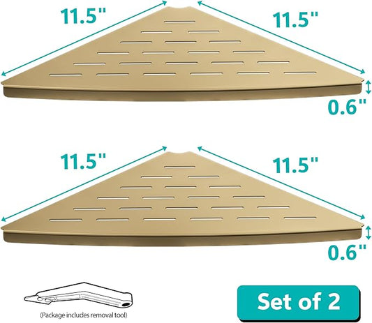 Corner Shower Shelf Brushed Golden, 304 Stainless Steel 11.5” Recessed Corner Shelf Bathroom for Tiled Wall, Floating Shower Shelves Shampoo Holder, No Drilling, 2 Pack