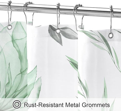 Long Boho Watercolor Floral Shower Curtain 72 x 78, Green and Grey Ink Painting Style Flower Shower Curtains for Chic Elegant Bathroom, Artistic 78 Inch Long Fabric Shower Curtain