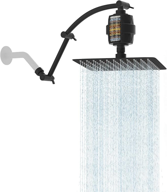 Hibbent All Metal Rain Filtered Shower Head, 10'' High Pressure Rainfall Showerhead with 16" Shower Head Extension Arm, 20 Stage Shower Filter, Solid Brass Adjustable Shower Arm Extender, Matte Black