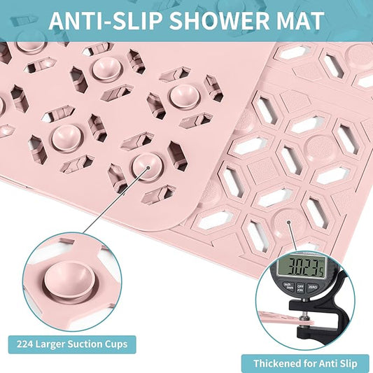 OTHWAY Square Shower Mat, 27"x 27" Extra Large Shower Mats for Inside Shower, TPE Anti Slip Shower mat with Suction Cups Drain Holes, Machine Washable Shower Floor Mat (Light Pink)