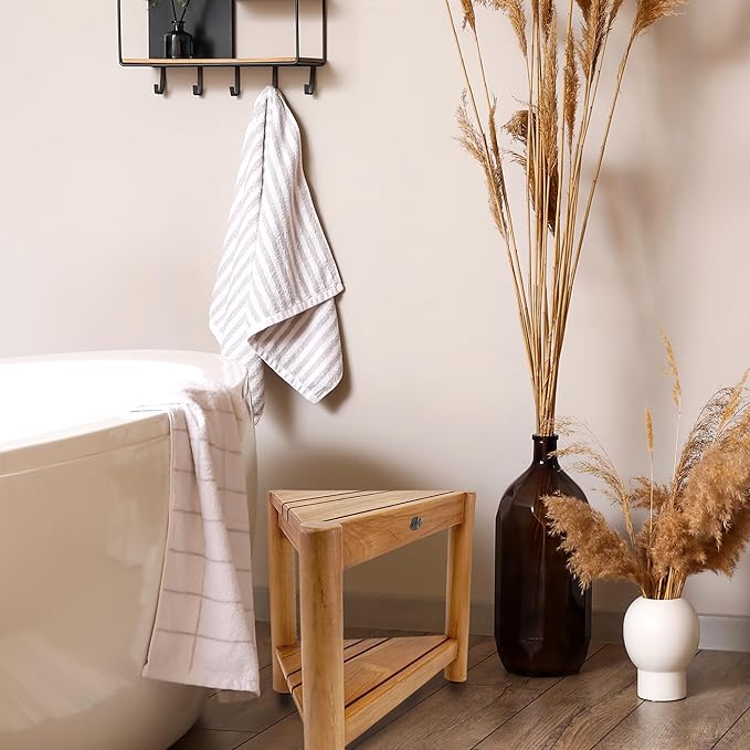 Asta Select Solid Teak Corner Shower Stool, Poratble Teak Wood Spa/Shower/Indoor/Outdoor Stool with Storage Shelf, Teak Wood Shower Corner Table, Teak Accent Table, Fully Assembled, ST-51