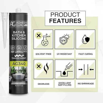 Adhesive Guru AG340 Clear Silicone Sealant for Bath and Kitchen(24x10.14 fl oz), 100% Silicone Caulk, Weatherproof & Flexible Adhesive Sealant, 24 Pack