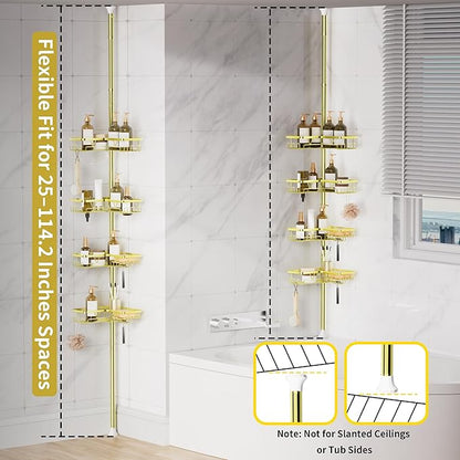 KEGII Corner Gold Shower Caddy Tension Pole - 4-Tier Rustproof Shower Rod Organizer, Floor to Ceiling Tension Rod 25-114.2 inch, Stainless Steel Corner Shower Shelf, Waterproof