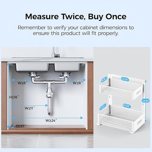 2 Pack Under Sink Organizer, Adjustable Height Under Sink Organizers and Storage, Smooth & Silent Sliding Out Metal Drawer for Kitchen Bathroom Pantry Cabinet Closet (White)