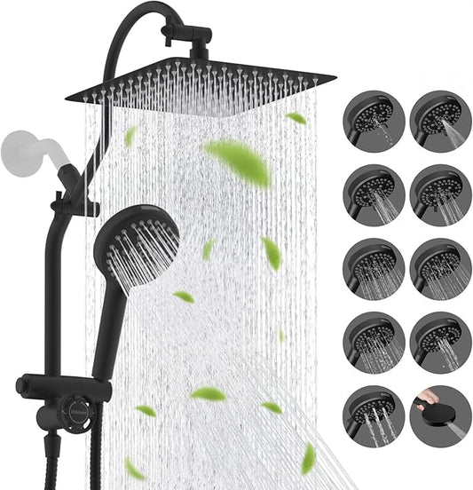 Hibbent cUPC Certified All Metal 10" Rainfall Showerhead Combo, High Pressure Shower Head with 10-Spray Mode Handheld, Innovative 4-way Diverter with Pause Mode, 71'' Shower Hose and Holder, Black