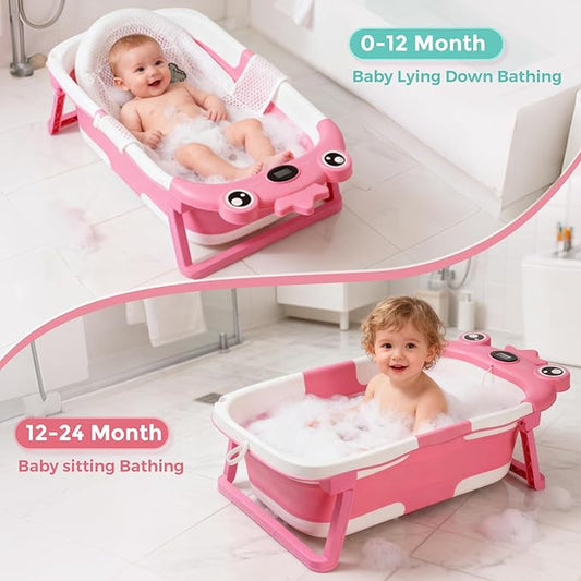 Baby Bathtub,Collapsible Baby Bath Tub with Soft Cushion & Thermometer, Space Saving Foldable & Travel Newborn Bathtub for Infant to Toddler 0-36 Months, Frog Green
