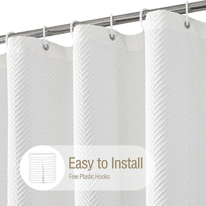 Gibelle White Shower Curtain, 3D Embossed Textured Herringbone Fabric Modern Farmhouse Bathroom Decor Soft Cloth Curtain Set with Hooks, 72x72