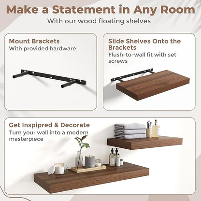 40 Inch Long Floating Shelves for Wall Set of 2, 12"D Wood Grain Bathroom Shelves with Invisible Brackets, Easy Install Engineered Wood Storage Shelves for Kitchen, Living Room, Bedroom, Walnut Finish