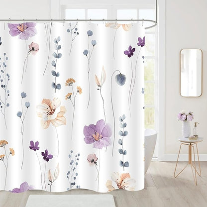 Gibelle Small Stall Shower Curtain 36 x 72, Narrow Half Watercolor Floral Fabric Shower Curtain, Purple Beige Flower Decorative Bathroom Shower Curtain Set