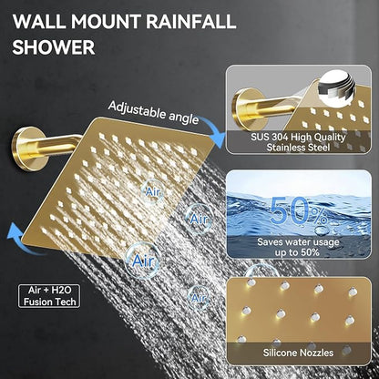 Brushed Gold Shower System with Body Jets, Bostingner 4 Way Shower Faucet Set with 2 in1 Handheld,Ceiling Mount 10 Inch Shower Head with 6 Inch Shower Head,4Pcs Body Jets With Dual Head Shower Set