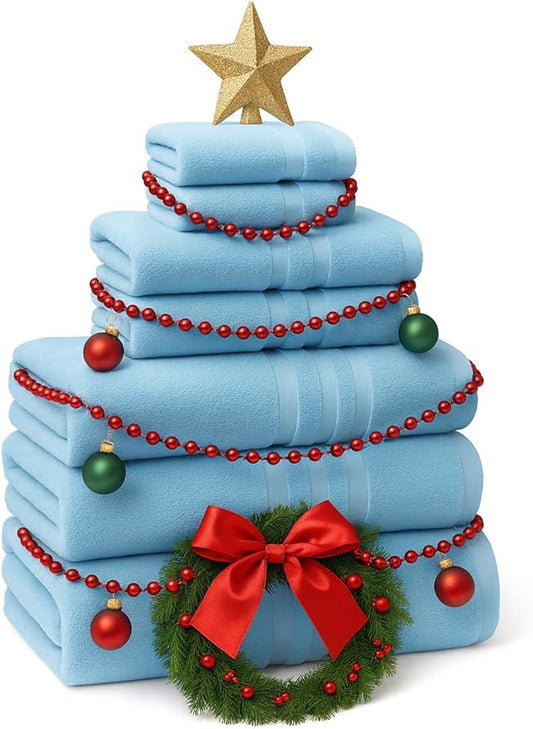 6 Pieces - Turkish Cotton - Luxury Towel Set for Bathroom & Kitchen, 2 Bath Towels, 2 Hand Towels & 2 WashCloths *Valued $79.99* (SKYLITE Blue)