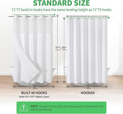 No Hooks Needed Linen Textured Shower Curtain with Snap-in Fabric Liner Set,White Hotel Luxury Decor Shower Curtains for Bathroom with Mesh Top Window,Waterproof & Washable,71Wx77H