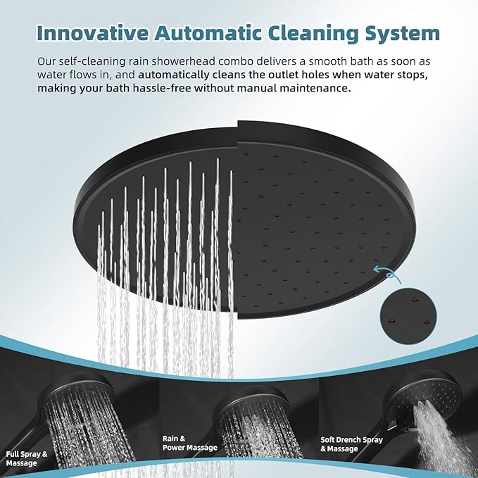 Hibbent Self-cleaning Shower Head Combo, High Pressure 10'' Rain Showerhead with 3-mode Handheld Spray, Metal Extension Arm with Easy Reach All Metal 4-way Diverter, 71" Hose & Holder, Matte Black