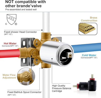 KENES Chrome Tub and Shower Trim Kit, Square Tub Shower Faucet Set Complete with 6-Inch Rainfall Shower Head and Tub Spout, KE-6025A-5 (Shower Valve Included)