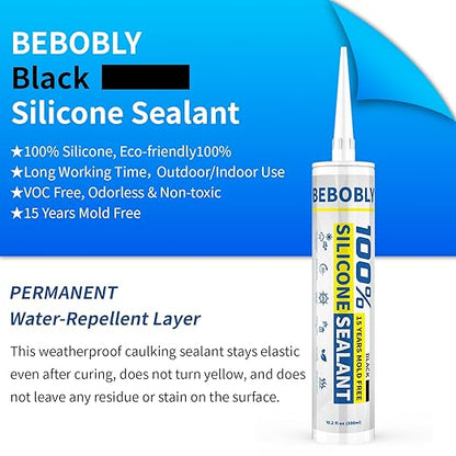 Black Silicone Caulk & Sealant, 100% Waterproof Silicone Caulking, Silicone Sealant Caulking for Kitchen, Bathroom, RV, Interior & Exterior Use, Shrink & Crack Proof, 10.2 FL. OZ/300ML, 1 Pack