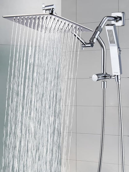 G-Promise All Metal 12 Inches Rain Shower Head with Handheld Built-in Power Wash Mode, 3-way Diverter with Pause Setting, 11 Inches Adjustable Extension Arm with Lock Joint, Long Hose (Chrome)