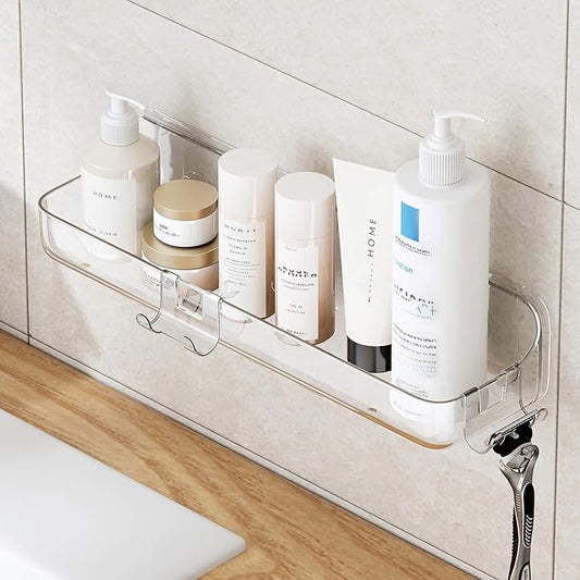 UDD Acrylic Clear Shower Caddy Shower Organizer, Plastic Adhesive Shelf with Hook and Self Adhesive Tape, No Drilling Wall Mount Shower Shelves for Bathroom Kitchen, Transparent