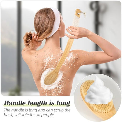 Bath Body Brush Shower, 22" Super Long Curved Bamboo Handle Antiskid Back Body Scrubber Wet/Dry Brushing, Moderately Soft Natural Bristle Body Brush for Showering
