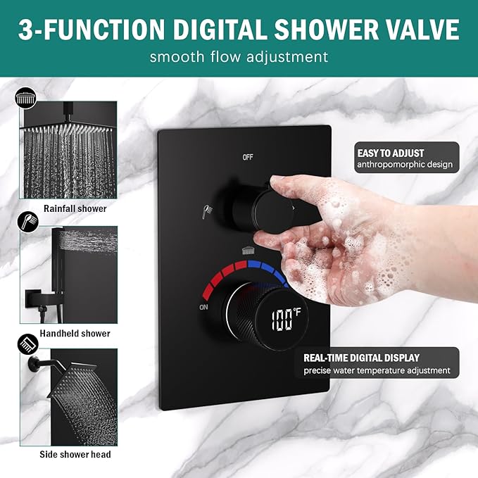 Digital Shower Valve 3 Way Diverter Temperature Display Shower Mixer 3-Function Brass Rough-in and Rectangle Black Trim Kit