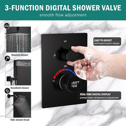 Digital Shower Valve 3 Way Diverter Temperature Display Shower Mixer 3-Function Brass Rough-in and Rectangle Black Trim Kit