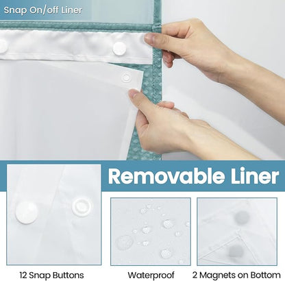 Teal No Hook Shower Curtain with Snap in Liner,230GSM Waffle Weave Shower Curtains for Bathroom,71W x 74H