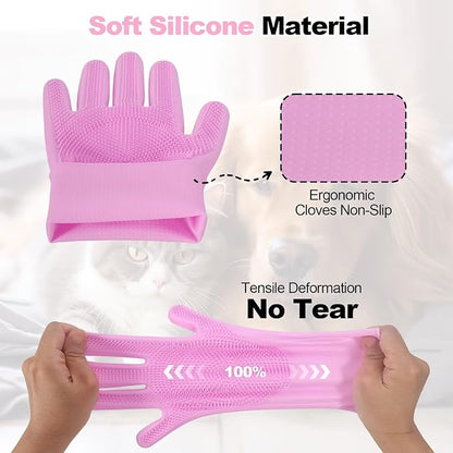 2-in-1 Pet Grooming Gloves and Brush,Dog and Cat Bath Scrubber Silicone Gloves Large