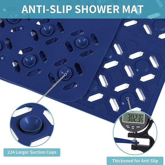 OTHWAY Square Shower Mat, 27"x 27" Extra Large Shower Mats for Inside Shower, TPE Anti Slip Shower mat with Suction Cups Drain Holes, Machine Washable Shower Floor Mat (Navy Blue)
